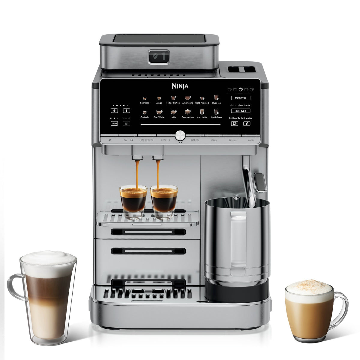 Ninja AutoBarista Pro, cafetera automática de acero inoxidable preparando dos espressos, junto a un latte y un capuchino