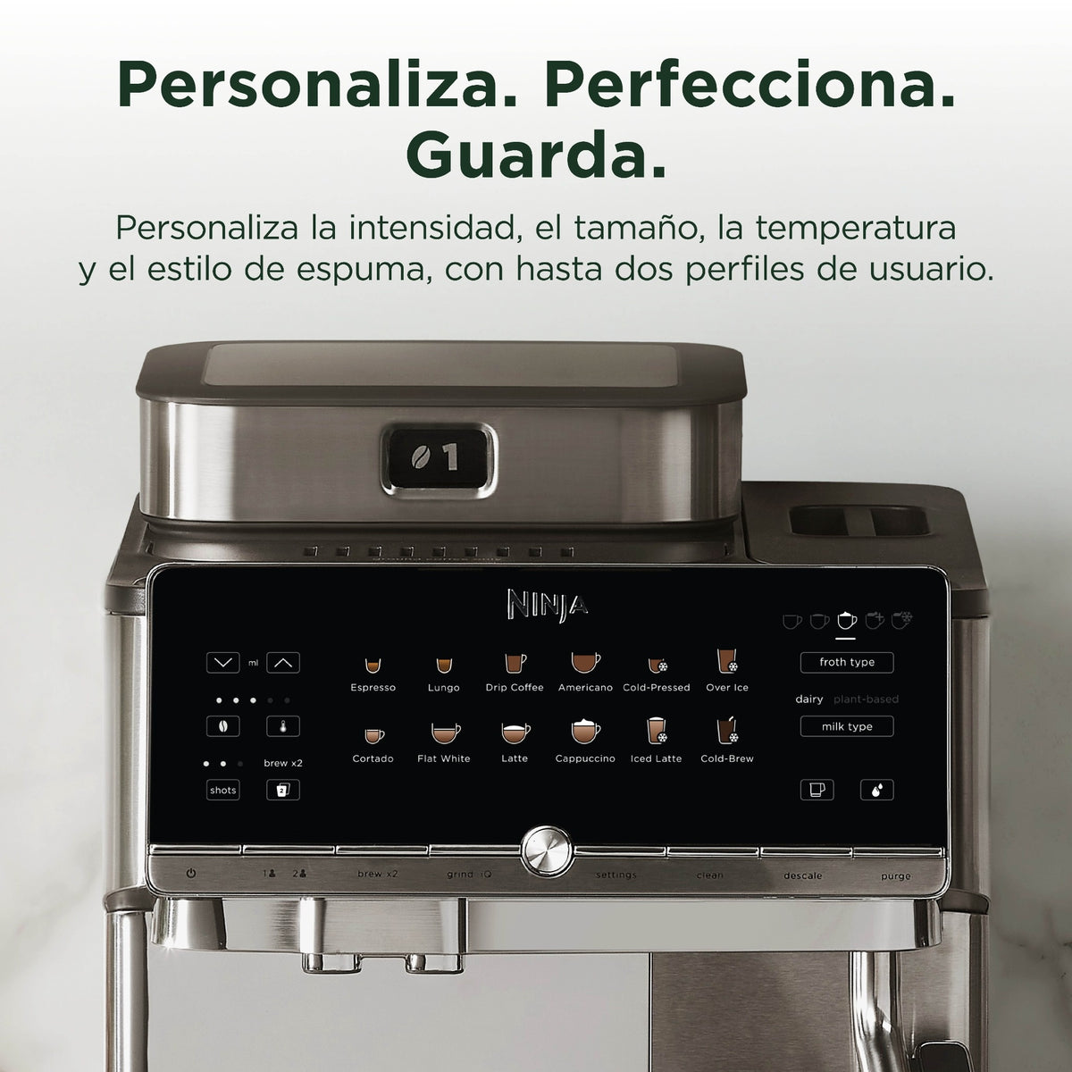 Panel táctil de la Ninja AutoBarista Pro para personalizar intensidad, tamaño, temperatura y estilo de espuma, con dos perfiles de usuario