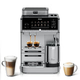 Ninja AutoBarista Pro, cafetera automática de acero inoxidable preparando dos espressos, junto a un latte y un capuchino