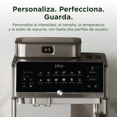 Panel táctil de la Ninja AutoBarista Pro para personalizar intensidad, tamaño, temperatura y estilo de espuma, con dos perfiles de usuario