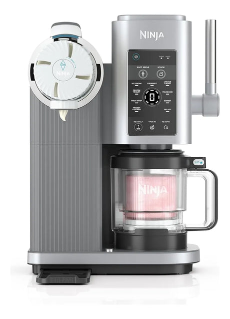 Imagen de la máquina Ninja Swirl™ que prepara helado soft serve, sorbetes y milkshakes con tecnología CreamiFit™ y Soft Serve Creamify®. Incluye palanca tipo swirl, 13 programas automáticos y piezas fáciles de limpiar para disfrutar postres cremosos y personalizados en casa.